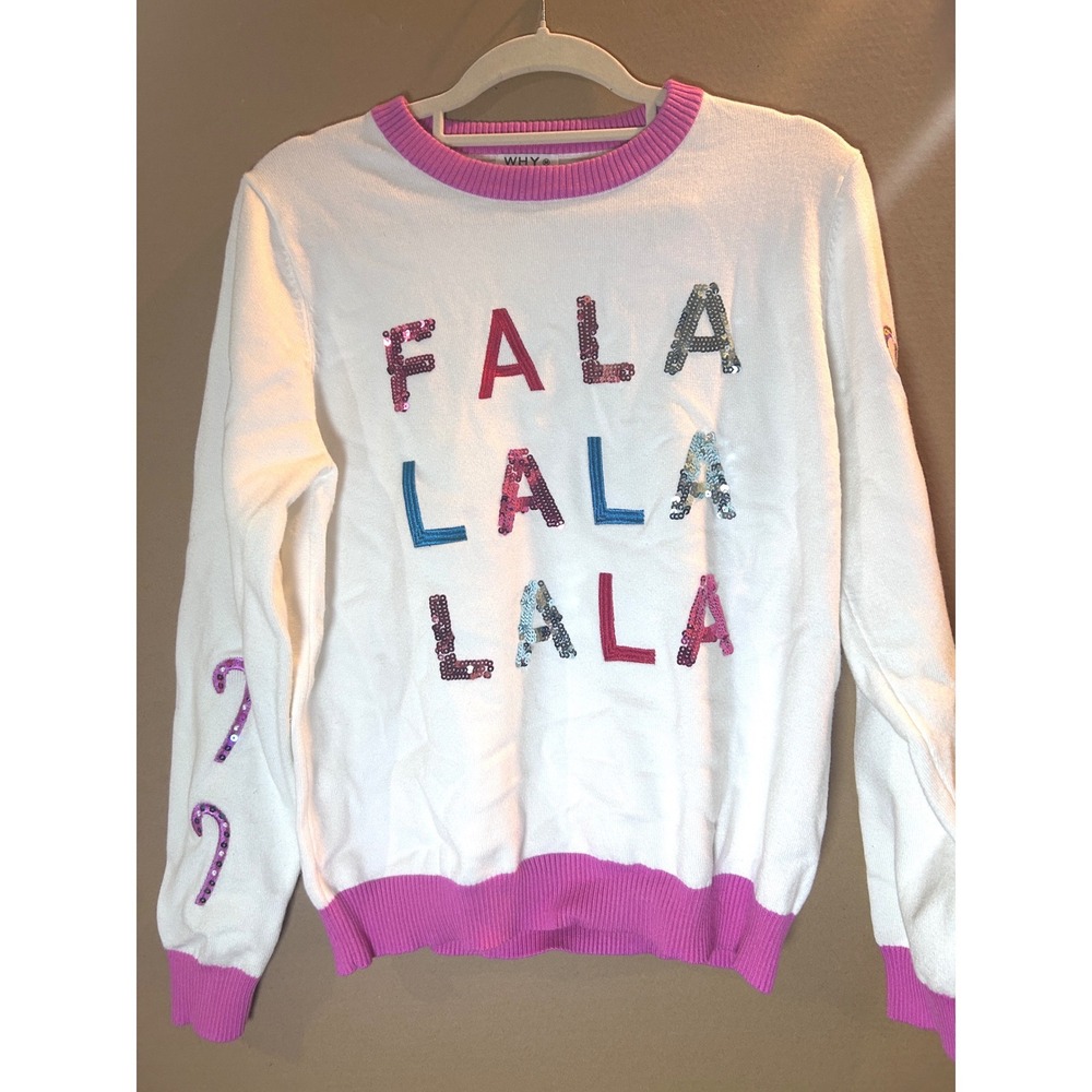 Why Dress Christmas Sweater Womens‎ Medium White Pink Sequin Fala La La Candy